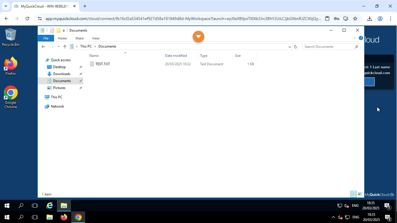 Animated GIF showing how download files from a MyQuickCloud server using remote desktop