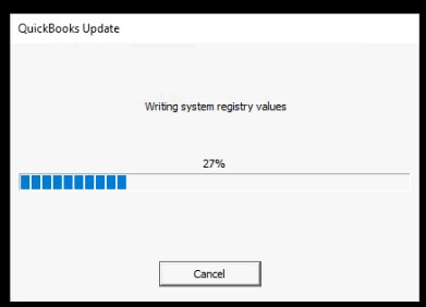 Image showing a QuickBooks Update stuck at 27%, during the 'writing system registry values stage.